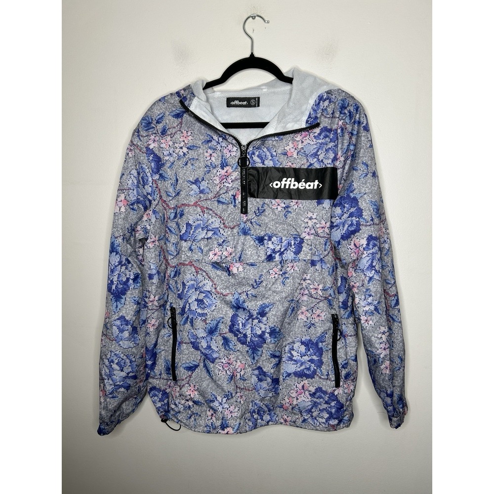 Offbeat Half-Zip Pixelated Floral Windbreaker Rain Jacket Kangaroo Pocket Small